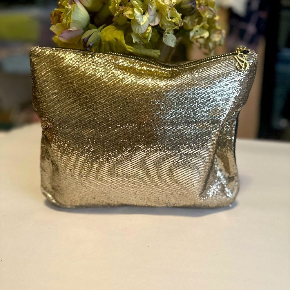 Victoria's Secret Gold Sparkle Makeup Cosmetics Bag Zipper Enclosure
